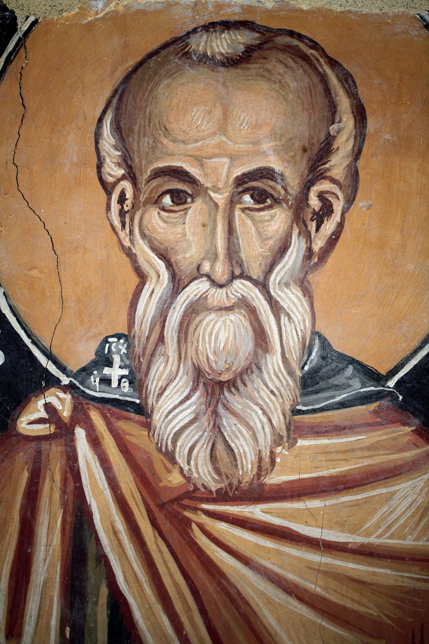 Bysantinsk fresk från 1400-talet (detalj) St Theodose den cenobriska Väggmålning Michael Archangel Chapel, Galata by Cypern Målade kyrkor UNESCO-plats Troodos, Cypern av Unknown