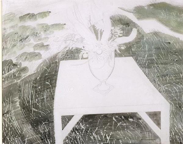 Vas med blommor i en trädgård (penna och akvarell på papper) av Eric Ravilious