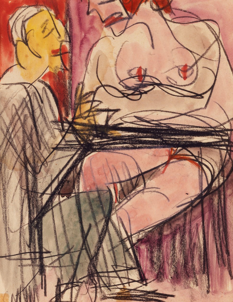 Naken kvinna och man sitter vid ett bord; Naken kvinna och man som sitter vid ett bord, av Ernst Ludwig Kirchner