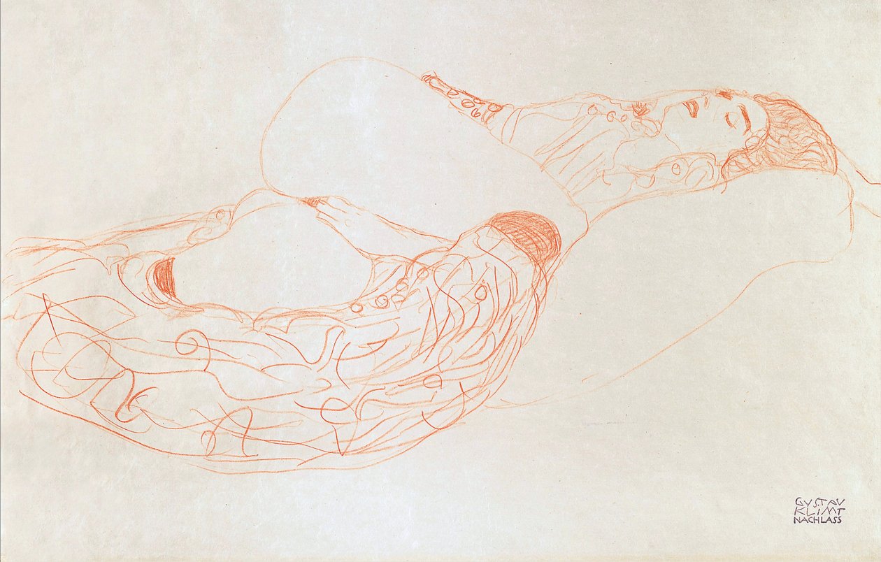 Liggande halvnaken (onanerar), 1912-13 (sanguine på papper) av Gustav Klimt