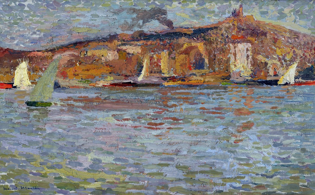 Hamnen i Marseille, den gamla hamnen och den "goda modern" (Cathedrale Notre Dame de la Garde (Notre-Dame-de-la-Garde). Målning av Henri Martin (1835-1908). Olja på duk. Mått: 38x61cm Obligatoriskt omnämnande: Regards de Provence foundation collection, Mar av Henry Martin