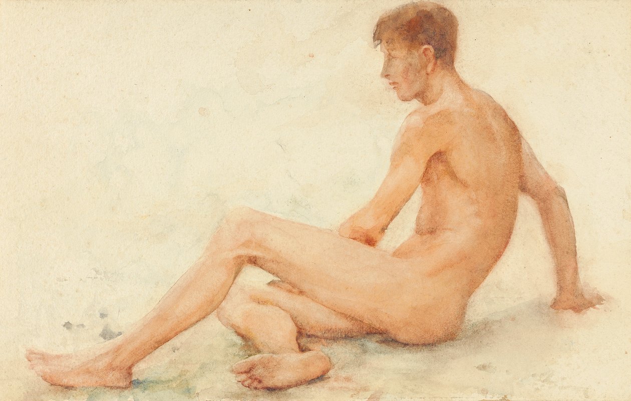 Studie av en naken man som sitter, vänder sig bort till höger av Henry Scott Tuke