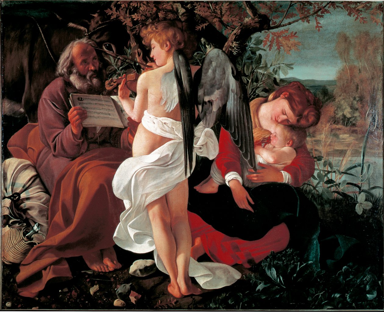 Vila under flygningen till Egypten Målning av Michelangelo Merisi sa il Caravaggio (The Caravaggio) (1571-1610) 1590 ca. Sol. 130x160 cm Rom Galleria Doria Pamphili av Michelangelo Merisi da Caravaggio