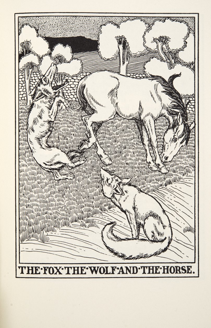 Räven, vargen och hästen, från Fontaine Fables, pub. 1905 av Percy J. Billingshurst