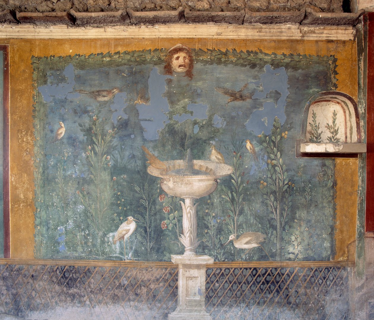 Fresk med fontän, mask och fåglar, House of Venus in Shell, Pompeii (Unescos världsarvslista av Roman