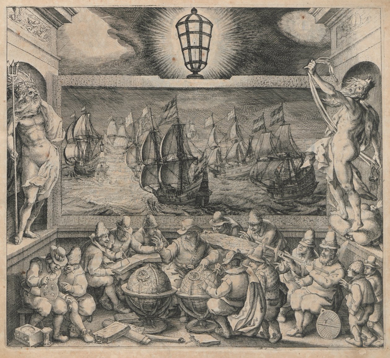 Frontispice från seglingsmanualen "Licht der Zeevaert" av Willem Janszoon Blaeu