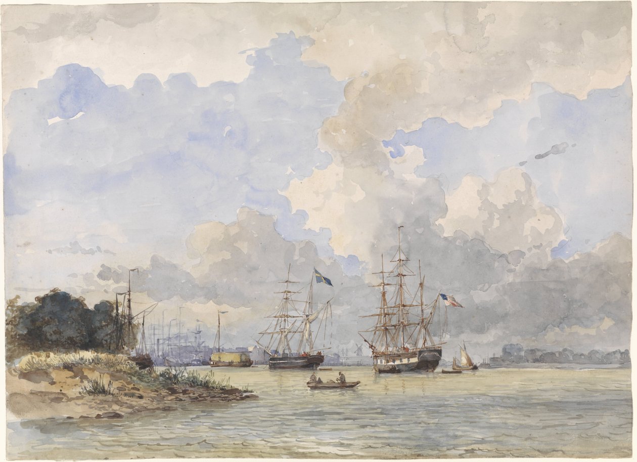 Maas för Rotterdam, med ett amerikanskt och svenskt fartyg av Willem Anthonie van Deventer