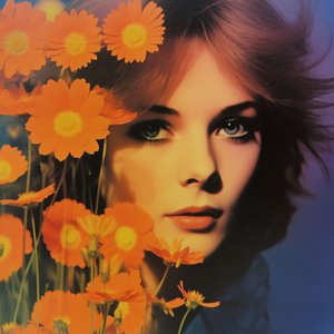 vintage kvinnoporträtt  blommor, A Retro Floral Vision, konsttryck online av F. Abderrahim