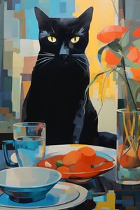 Målning av en svart katt som äter på en tallrik med blommor, väggkonsttryck på begäran av F. Abderrahim
