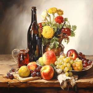 Stillebenmålning, blommor, frukt och vin, vägg Home Decor prints av F. Abderrahim