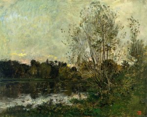 En sjö i skogen vid skymningen, c.1865