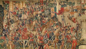 Sockenmuseum för gobelänger (Parish Museum of Pastrana Tapestries). flamländsk gobeläng. Conquest of Tanger (Taking of Tangier, De inname van Tanger). Serie Erövringar av kung Alfonso I av Portugal. Tournai. Ull och siden