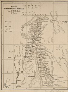 Karta över Laos och Mekongfloden som visar vägen för Henri Mouhots resa, illustration från Resor i de centrala delarna av Indo-Kina (Siam), Kambodja och Laos under åren 1858, 1859, en