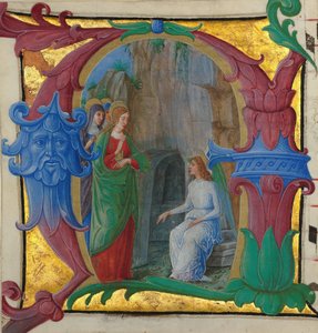Manuskriptbelysning med de heliga kvinnorna vid graven i en initial A..., italienska, ca. 1490-1500.