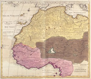 Karta över Barbary (Marocko, Algeriet, Tunisien, Libyen), Negritude (Mali, Burkina Faso, Niger) och Guinea (Senegal, Guinea, Sierra Leone, Liberia, Elfenbenskusten, Ghana, Togo, Benin, Nigeria) (etsning