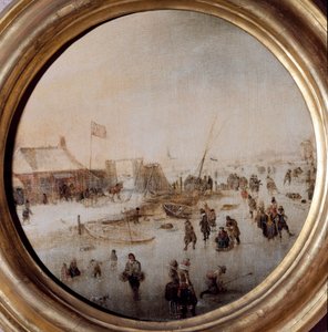 Vinterlandskap med skridskoåkare Målning av Hendrick Avercamp (1585-1634) Diameter 25 cm Musei di Strada Nuova (ex Palazzo Rosso)