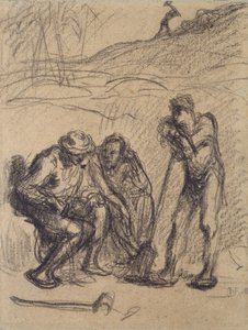 Tre bönder vilar, en lutad på en spade, c1850-1851 av Jean Francois Millet