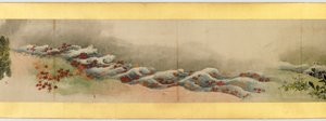 Detalj av Handscroll med diverse bilder, Edo Period, 1839 bläck och färg på papper