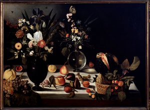 Stilleben med blommor och frukter Målning tillskriven Caravaggio dit le Caravaggio