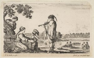 En man som spelar fiol i mitten, vänd åt vänster i profil, en sittande kvinna till ..., 1649. av Stefano della Bella