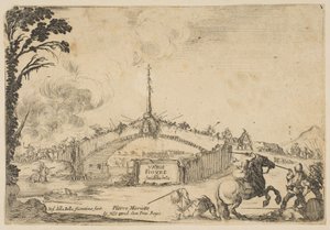 Strid på en bro, en ryttare och två fotsoldater slåss med svärd längst ner till höger..., ca. 1645. av Stefano della Bella