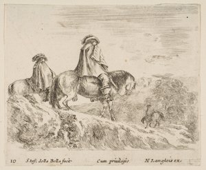Plåt 10: två ryttare som går ner för ett berg till vänster, en annan ryttare till höger i ..., ca. 1644-47. av Stefano della Bella
