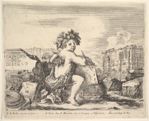 Tavla 1: ritningens geni, ett barn med vingar, sittande på en sten i mitten vänd ..., ca. 1641. av Stefano della Bella