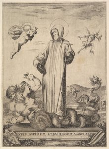 Saint Jean Gualbert trampar ett monster med två människohuvuden och en ormkropp, en fluga..., 1640. av Stefano della Bella