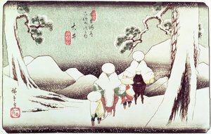 "Travellers in the Snow at Oi", från serien "69 Stations of Kisokaido", pub. sent 1830-tal, (obanstorlek, yoko-e - horisontellt format, färgträtryck)