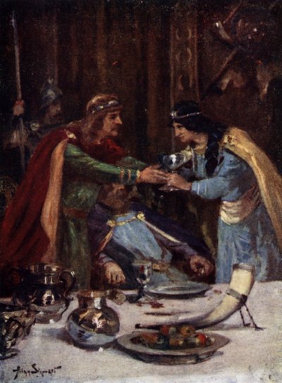 Förgiftning av kung Aethelbert II av East Anglia av Cynethryth, hustru till Offa II av Mercia, 794 (färg litho) av Allan (after) Stewart