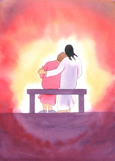 Jesu kärlek är personlig, öm och oföränderlig; han är alltid närvarande med oss, särskilt i det heliga sakramentet, och tröstar oss med sin närvaro., 2003 (w/c på papper) av Elizabeth Wang