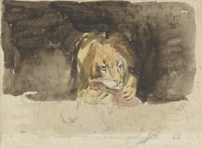 Köttätande lejon, sett framifrån, kommer ut mot en mörk bakgrund av Eugène Delacroix