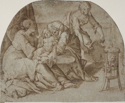 Jesusbarnet badas av Maria, Anna och en tjänarinna av Federico Zuccaro