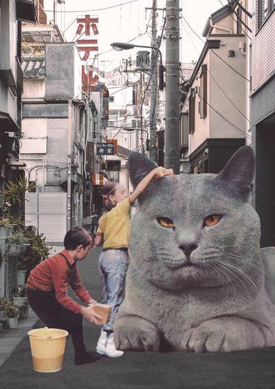 Barn som tvättar en gigantisk katt på Tokyo Streets av Florent Bodart