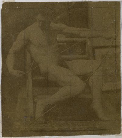 Studie av en manlig nakenmodell, sittande på ett trappsteg, sedd framifrån med rep och pilbåge i knäet, i Jacques de Lalaings studio av Jacques Lalaing (attributed to)