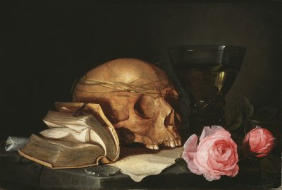 Ett Vanitas stilleben med en skalle, en bok och rosor, c.1630 av Jan Davidsz de Heem