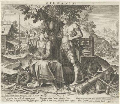 Tyskland med Ceres och Bacchus Germania (titel på objekt) Allegoriska representationer av europeiska länder (serietitel) av Johann Sadeler (I)