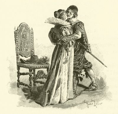 Illustration för De tre musketörerna (gravyr) av Maurice Leloir