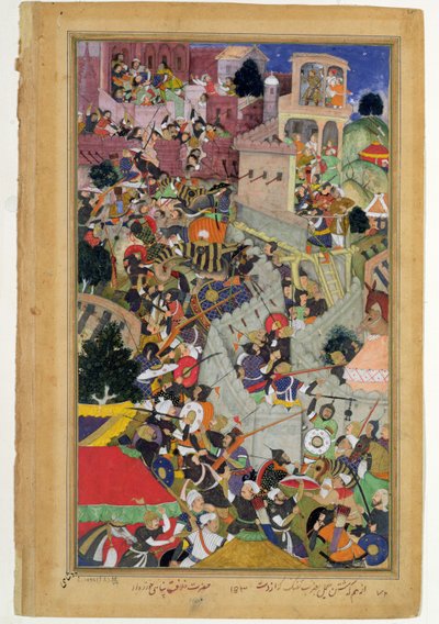 Kejsar Akbar (r.1556-1605) skjuter Saimal vid belägringen av Chitov 1567, från Akbarnama tillverkad av Abul Fazi, 1590-98 (ogenomskinlig wc & guld på papper) av Mughal School