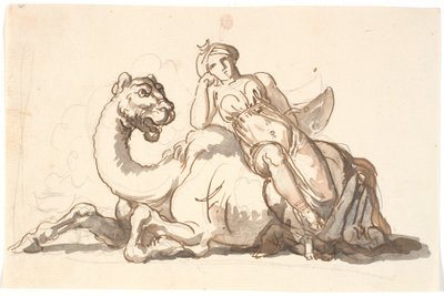 Kvinnofigur med turban och halvmåne, sittande lutad mot en fantastisk kamel. Allegori över Asien av Nicolai Abildgaard