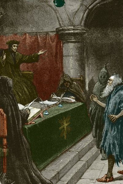 Inkvisition och utvisning av Spaniens judar: en spansk jude före storinkvisitorn runt 1492 vid tidpunkten för publiceringen av Alhambradekretet - Illustration av Paul Hardy 1891 spansk jude före storinkvisitorn av Paul Hardy