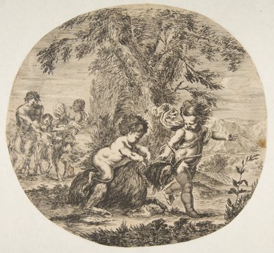 Ett barn och ett satyrbarn som leker med en get, ca. 1657. av Stefano della Bella