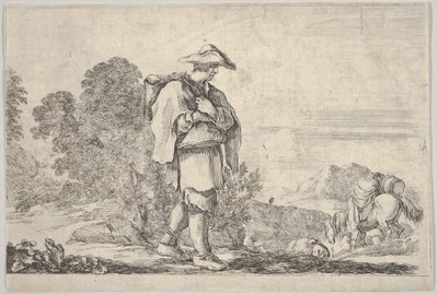 Tavla 11: en bonde som bär hatt i mitten, går åt höger, en häst stiger..., ca. 1641. av Stefano della Bella