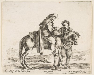 Tavla 6: en bonde till häst i profil vänd till höger, med en korg och t..., ca. 1644-47. av Stefano della Bella