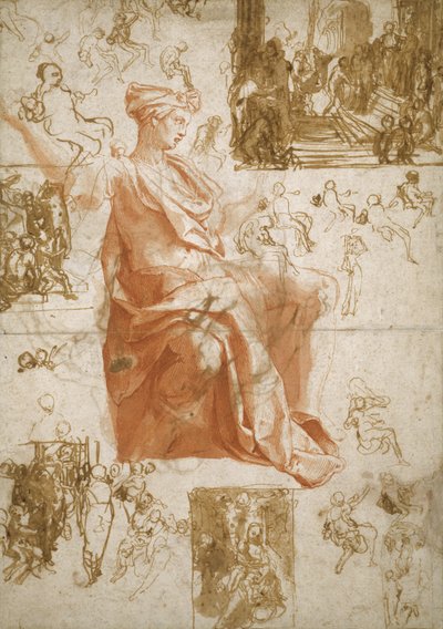 Ark med studier för förblindandet av Elymas, offer i Lystra och en helig familj, ca 1558 av Taddeo Zuccaro